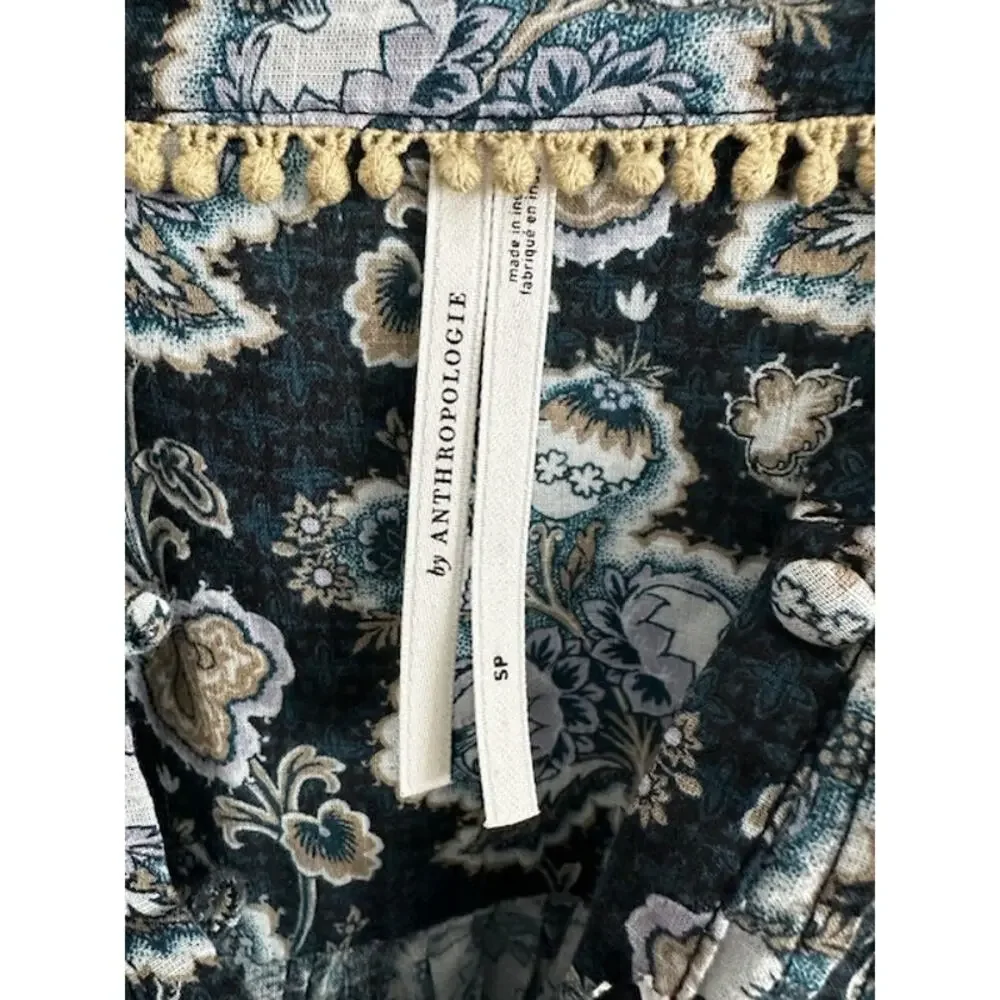 Anthropologie Floral Cotton Peasant Blouse Small Blue/Green - Picture 6 of 9